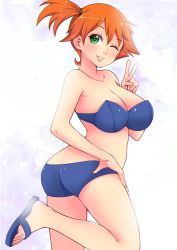Rule 34 | 1girl, absurdres, armpits, ass, asymmetrical hair, bare arms, bare shoulders, bikini, blue bikini, blush, breasts, butt crack, cleavage, cowboy shot, creatures (company), game freak, green eyes, highres, large breasts, looking at viewer, misty (pokemon), misune art, nintendo, one eye closed, orange hair, parted lips, pokemon, pokemon (anime), pokemon (classic anime), ponytail, short hair, short ponytail, side ponytail, smile, solo, swimsuit, thighs, v, wink