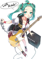 Rule 34 | 1girl, alternate costume, amplifier, aqua eyes, aqua hair, bent over, breasts, cleavage, collarbone, electric guitar, english text, forehead, guitar, hair ornament, hatsune miku, highres, instrument, looking at viewer, microphone, microphone stand, mouth hold, nanahara fuyuki, open clothes, open vest, scrunchie, shirt, short sleeves, simple background, skirt, smile, solo, speech bubble, star (symbol), twintails, vest, vocaloid, white background, wristband