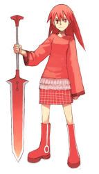Rule 34 | 1girl, boots, full body, holding, holding sword, holding weapon, looking at viewer, original, red eyes, red hair, simple background, skirt, solo, standing, sword, weapon, white background, yu 65026