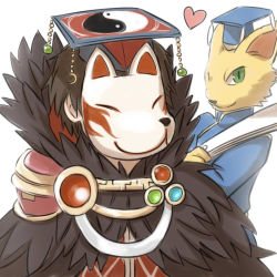 Rule 34 | 1boy, 1other, argyle, argyle clothes, argyle shirt, brown hair, closed mouth, commentary request, folding fan, fox mask, fur collar, furry, green eyes, hand fan, hat, heart, looking at viewer, mao guai, mask, masked, natsuya (kuttuki), one eye closed, qingdai guanmao, ragnarok online, short hair, simple background, smile, sorcerer (ragnarok online), upper body, white background, yin yang