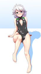 Rule 34 | 1girl, absurdres, barefoot, black one-piece swimsuit, blue eyes, blush, braid, breasts, cleavage cutout, clothing cutout, feet, front zipper swimsuit, full body, highleg, highleg swimsuit, highres, izayoi sakuya, maid, maid headdress, meme attire, one-piece swimsuit, shiina excel, silver hair, sitting, small breasts, solo, swimsuit, toes, touhou, twin braids, unzipped, zipper