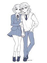 Rule 34 | 1boy, 1girl, alternate costume, artist name, braid, contemporary, crown braid, full body, greyscale, hair ornament, hairclip, hand in pocket, highres, holding hands, jacket, link, loafers, looking at viewer, medium hair, monochrome, neck ribbon, necktie, nintendo, pants, pleated skirt, pointy ears, ponytail, princess zelda, ribbon, shirt, shoes, short hair, sidelocks, simple background, skirt, socks, standing, sweater vest, teraichigo, the legend of zelda, the legend of zelda: tears of the kingdom