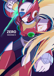 Rule 34 | 1boy, absurdres, android, blonde hair, blue eyes, clenched hand, commentary request, english text, frown, helmet, highres, long hair, looking at viewer, male focus, mega man (series), mega man x (series), sakura mo chiy, solo, z saber, zero (mega man)