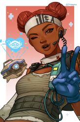 Rule 34 | 1girl, absurdres, apex legends, arm tattoo, blue gloves, breasts, brown eyes, brown tank top, cable, d.o.c. health drone, dark-skinned female, dark skin, detached sleeves, double bun, earpiece, eyeshadow, gloves, hair bun, hairband, headband, heart, highres, jui (dirtybigrat), korean commentary, lifeline (apex legends), looking at viewer, makeup, non-humanoid robot, octane (apex legends), one eye closed, open mouth, red eyes, red eyeshadow, red hair, robot, small breasts, smile, solo focus, tank top, tattoo, upper body, v, white hairband, white headband