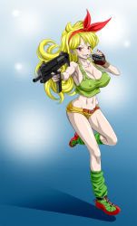 Rule 34 | 1girl, armpits, bare shoulders, belt, blonde hair, blush, breasts, cleavage, clenched teeth, covered erect nipples, curly hair, dragon ball, explosive, feet, fingerless gloves, full body, gloves, gradient background, green tank top, grenade, hair ribbon, highres, holding, holding weapon, large breasts, legs, long hair, loose socks, lunch (dragon ball), midriff, mouth hold, navel, nel-zel formula, open mouth, red eyes, ribbon, shoes, short shorts, shorts, simple background, smile, sneakers, socks, standing, tank top, teeth, thighs, weapon, yellow shorts