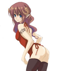 Rule 34 | 1girl, black thighhighs, blue eyes, brown hair, demon, horns, long hair, looking to the side, original, pointy ears, sheep horns, simple background, solo, tattoo, thighhighs, white background, yuuryuu nagare
