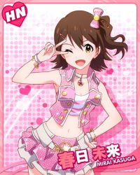 Rule 34 | 10s, 1girl, ;d, armpits, bare shoulders, bow, bracelet, brown eyes, brown hair, character name, choker, female focus, hair bow, hair ornament, hairclip, idolmaster, idolmaster million live!, jewelry, kasuga mirai, kawakami tetsuya, looking at viewer, lots of jewelry, official art, one eye closed, one side up, open mouth, pink background, pink theme, skirt, smile, solo, v, wink