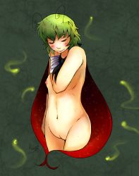 Rule 34 | 10s, 1girl, 2015, antennae, arm at side, bad deviantart id, bad id, bandages, blush, breasts, cape, cleft of venus, closed eyes, cowboy shot, eyelashes, fireflies, gradient background, green hair, hand on own shoulder, highres, looking down, naked cape, navel, nipples, nude, pussy, short hair, small breasts, smile, solo, touhou, windpianist, wriggle nightbug, wrist wrap