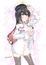 Rule 34 | 1girl, black hair, bottomless, breasts, cowboy shot, grey eyes, grey thighhighs, hat, kantai collection, large breasts, long hair, looking up, mikage takashi, military, military uniform, multicolored hair, naganami (kancolle), naval uniform, no bra, no panties, open clothes, peaked cap, pink hair, shirt, sleeves past wrists, solo, standing, star (symbol), starry background, thighhighs, twitter username, two-tone hair, uniform, wavy hair, white background, white hat, white shirt