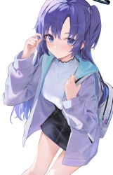 Rule 34 | 1girl, absurdres, alternate costume, backpack, bag, bare legs, black skirt, blue archive, blush, casual, feet out of frame, halo, highres, holding, holding hair, isaya (pixiv4541633), jacket, leaning forward, long hair, looking at viewer, purple eyes, purple hair, purple jacket, shirt, simple background, skirt, solo, two side up, very long hair, white background, white shirt, yuuka (blue archive)