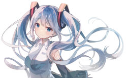 Rule 34 | 1girl, aqua hair, aqua necktie, black sleeves, blue eyes, blush, breasts, closed mouth, collared shirt, commentary, detached sleeves, floating hair, hair ornament, hatsune miku, highres, long hair, looking at viewer, necktie, number tattoo, ruri 3607, shirt, shoulder tattoo, signature, simple background, small breasts, smile, solo, symbol-only commentary, tattoo, twintails, upper body, vocaloid