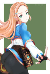 Rule 34 | 1girl, absurdres, ass, blonde hair, breasts, fingerless gloves, from behind, gloves, green eyes, hair ornament, hairclip, half updo, highres, huge ass, long hair, looking at viewer, naopy, naopyart, nintendo, pants, pointy ears, princess zelda, shiny clothes, shirt, sideboob, solo, the legend of zelda, the legend of zelda: breath of the wild, tight clothes, tight pants, very long hair