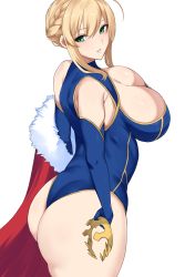 Rule 34 | 1girl, ahoge, artoria pendragon (fate), artoria pendragon (lancer) (fate), ass, blonde hair, blush, braid, breasts, cape, cleavage, crown, elbow gloves, erimiko, fate/grand order, fate (series), from side, fur trim, gloves, green eyes, halterneck, heattech leotard, highres, holding, holding crown, huge ass, large breasts, leotard, looking at viewer, red cape, skin tight, skindentation, solo, sweat, swept bangs, thick thighs, thighs, turtleneck, unworn cape, unworn crown, white background