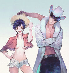 Rule 34 | 1boy, 1girl, :d, abs, belt, black hair, black pants, blunt bangs, breasts, brown eyes, buttons, clenched hand, closed mouth, coat, collarbone, convenient censoring, cowboy hat, crop top, cropped shirt, crossed arms, cutoffs, denim, denim shorts, exposed pocket, extra arms, fist pump, fur trim, genderswap, genderswap (ftm), genderswap (mtf), ghen2212, green eyes, hana hana no mi, hand on own hip, hand up, hat, head tilt, height difference, highres, holding, holding clothes, holding hat, long sleeves, looking at another, looking at viewer, looking to the side, monkey d. luffy, navel, nico robin, nico robin (alabasta), no bra, one piece, open clothes, open coat, open fly, open mouth, open shirt, open shorts, pants, pectorals, red shirt, scar, shirt, short hair, short shorts, shorts, small breasts, smile, stomach, straw hat, toned, toned male, topless male, tsurime, unbuttoned, unworn hat, unworn headwear, upper body