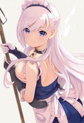 Rule 34 | 1girl, apron, azur lane, bare shoulders, belfast (azur lane), blue eyes, blush, braid, breasts, chain, closed mouth, collar, frilled apron, frills, from side, half updo, large breasts, long hair, looking at viewer, looking back, maid headdress, mop, smile, solo, tetsujin momoko
