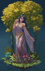 Rule 34 | 1girl, armlet, bare legs, barefoot, blue hair, bracelet, dress, feet, flower, greco-roman clothes, highres, jewelry, laurel crown, lemonh, long hair, long sleeves, nature, original, roman clothes, solo, toes, traditional clothes, tree