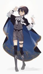 Rule 34 | 1boy, black cape, black hair, black thighhighs, black vest, blue cape, boots, bridal garter, bug, butterfly, butterfly on hand, cape, cross-laced footwear, full body, grey footwear, grey shorts, grey vest, highres, insect, lace-up boots, looking at viewer, mahoutsukai no yakusoku, male focus, moooren5, multicolored cape, multicolored clothes, open mouth, shirt, shorts, smile, solo, thigh strap, thighhighs, vest, white (mahoutsukai no yakusoku), white butterfly, white shirt, yellow eyes