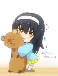 Rule 34 | 1girl, aged down, black hair, blouse, blue shirt, dated, girls und panzer, headband, highres, holding, holding stuffed toy, jinguu (4839ms), long hair, looking at viewer, one-hour drawing challenge, open mouth, pleated skirt, reizei mako, shirt, simple background, skirt, sleepy, smile, socks, solo, stuffed toy, twitter username, white background, white socks, yellow skirt