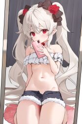 Rule 34 | 1girl, absurdres, black bow, black shorts, blush, bow, cellphone, choker, crop top, cushion, flower, frills, grey hair, hair between eyes, hair bow, highres, holding, holding phone, indoors, long hair, looking at viewer, mirror, navel, original, phone, pointy ears, red eyes, red flower, red rose, rose, selfie, short shorts, shorts, sitting, smartphone, solo, timy, twintails, very long hair