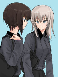 Rule 34 | 2girls, bag, black skirt, blue background, blue eyes, brown eyes, brown hair, carrying, closed mouth, commentary, dress shirt, girls und panzer, grey shirt, itsumi erika, kuromorimine school uniform, long hair, long sleeves, looking at another, multiple girls, mutsu (layergreen), nishizumi maho, pleated skirt, school bag, school uniform, shirt, short hair, silver hair, simple background, skirt, smile, standing, upper body