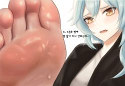 Rule 34 | 1girl, absurdres, barefoot, blue hair, brown eyes, eula (genshin impact), feet, footer@unyaaan, genshin impact, highres, light blue hair, long hair, looking at viewer, open mouth, soles, sweat, toes, translated