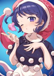 Rule 34 | 1girl, absurdres, blob, blue background, blue eyes, blue hair, blush, doremy sweet, dream soul, dress, e sdss, fingernails, hat, highres, multicolored clothes, multicolored dress, nightcap, one eye closed, parted lips, pom pom (clothes), red hat, short hair, short sleeves, solo, tail, tapir tail, touhou, upper body