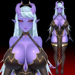 Rule 34 | black sclera, breasts, cleavage, clothing cutout, colored sclera, demon girl, demon horns, demon tail, detached sleeves, horns, huge breasts, indie virtual youtuber, jewelry, lace trim, lips, long hair, mimi qu, navel, navel cutout, pointy ears, red eyes, tail, thighhighs, thighs, twrlare, virtual youtuber, white hair