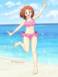 Rule 34 | 1girl, armpits, artist name, barefoot, beach, bikini, bikini skirt, blush stickers, boku no hero academia, breasts, brown eyes, brown hair, cleavage, collarbone, day, feet, feet up, female focus, full body, hand up, happy, highres, legs, looking at viewer, matching hair/eyes, medium breasts, medium hair, navel, neck, ocean, open mouth, outdoors, outstretched arms, pink bikini, sidelocks, signature, sky, smile, spread arms, standing, standing on one leg, summer, swimsuit, thighs, tiptoes, toenails, toes, tugudemia, uraraka ochako