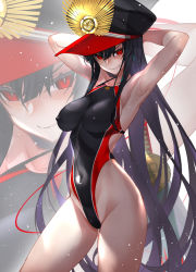 Rule 34 | 1girl, armpits, arms behind head, black hair, collarbone, commentary request, competition swimsuit, covered erect nipples, covered navel, cowboy shot, curvy, fate/grand order, fate (series), hat, highleg, highleg swimsuit, highres, impossible clothes, impossible swimsuit, long hair, looking at viewer, oda nobunaga (fate), oda nobunaga (koha-ace), oda nobunaga (swimsuit berserker) (fate), one-piece swimsuit, peaked cap, red eyes, sanazura hiroyuki, smile, solo, standing, swimsuit, wide hips, zoom layer