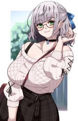 Rule 34 | 1girl, adjusting hair, bag, between breasts, black choker, black skirt, blue ribbon, braid, breasts, casual, choker, commentary, cowboy shot, french braid, glasses, green eyes, hair ribbon, hand up, hololive, large breasts, looking at viewer, parted lips, plaid, plaid skirt, powderrune, ribbed sweater, ribbon, semi-rimless eyewear, shirogane noel, shirogane noel (casual), short hair, silver hair, skirt, sleeves past elbows, smile, solo, strap between breasts, sweater, virtual youtuber, white sweater