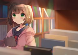 Rule 34 | 1girl, bad id, bad pixiv id, black sailor collar, black shirt, blurry, blurry background, blurry foreground, blush, book, bookshelf, bow, brown hair, closed mouth, commentary request, depth of field, green eyes, highres, hood, hood down, hooded jacket, indoors, jacket, long sleeves, looking at viewer, minami saki, open clothes, open jacket, original, pink jacket, red bow, sailor collar, school uniform, serafuku, shirt, short hair, solo, upper body