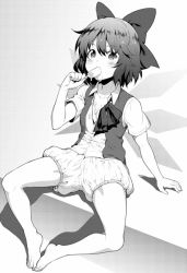 Rule 34 | 1girl, barefoot, bloomers, bow, cirno, eating, feet, feet together, food, full body, greyscale, hair bow, hiroya juuren, ice cream, looking at viewer, monochrome, shirt, short hair, short sleeves, simple background, sitting, solo, touhou, underwear