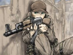 Rule 34 | 1girl, ak-47, assault rifle, didloaded, dirty, dirty clothes, dirty face, fighting stance, green eyes, gun, hat, kalashnikov rifle, load bearing vest, military, military hat, military uniform, original, ready to draw, rifle, ruins, sitting, solo, uniform, weapon