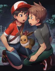 Rule 34 | 2boys, backpack, bag, baseball cap, black footwear, black hair, black shirt, blush, brown eyes, brown hair, chase (pokemon), clenched hand, collarbone, commentary, creatures (company), daikung, eevee, fence, from side, game freak, gen 1 pokemon, green eyes, green pants, hat, highres, holding, holding poke ball, jacket, kneeling, male focus, multiple boys, nintendo, open mouth, pants, poke ball, poke ball (basic), pokemon, pokemon (creature), pokemon lgpe, red headwear, shirt, shoes, short hair, short sleeves, shorts, trace (pokemon), two-tone headwear