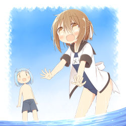 Rule 34 | 1boy, 1girl, :d, absurdres, ayanepuna, blue hair, blue male swimwear, blue one-piece swimsuit, blue sky, blue swim trunks, blush, bow, brown eyes, brown hair, day, fang, hair between eyes, hair ribbon, highres, kuu (ayanepuna), leaning forward, male swimwear, mei (ayanepuna), name tag, navel, old school swimsuit, one-piece swimsuit, open clothes, open mouth, open shirt, original, outdoors, outstretched arms, ribbon, school swimsuit, shirt, short sleeves, side ponytail, sidelocks, sky, smile, swim trunks, swimsuit, swimsuit under clothes, wading, water, wet, white bow, white ribbon, white shirt, wide sleeves, | |
