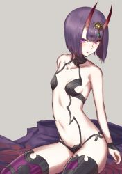 Rule 34 | 1girl, bare shoulders, breasts, collarbone, commentary, emoshon, eyes visible through hair, fate/grand order, fate (series), grey background, highres, horns, jewelry, light smile, looking at viewer, medium hair, navel, parted lips, petite, purple eyes, purple hair, shuten douji (fate), simple background, skin-covered horns, small breasts, solo