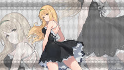 Rule 34 | 1girl, argyle, argyle background, argyle clothes, bare shoulders, black dress, blonde hair, breasts, closed mouth, cowboy shot, dille blood, dlsite.com, dress, floating hair, hairband, highres, legs apart, long hair, looking at viewer, looking back, medium breasts, parsley-f, solo, tareme, thighs, wallpaper, zoom layer