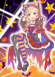 Rule 34 | 1girl, :d, asymmetrical legwear, bang dream!, bat earrings, black footwear, black thighhighs, blonde hair, bow, bowtie, braid, brown eyes, cape, capelet, chest belt, choker, commentary request, corset, crossed bangs, earrings, garter straps, hair bow, heart, heart earrings, highres, ichigaya arisa, invisible chair, jack-o&#039;-lantern, jewelry, mismatched legwear, nail polish, open mouth, red bow, red bowtie, red capelet, red choker, red footwear, red nails, shoes, single braid, sitting, skirt, smile, solo, star (symbol), striped bow, striped bowtie, striped clothes, striped neckwear, striped thighhighs, stuffed wolf, thighhighs, torn cape, torn clothes, torn thighhighs, tsurugi hikaru, vertical-striped clothes, vertical-striped thighhighs, wolf hood, wristband