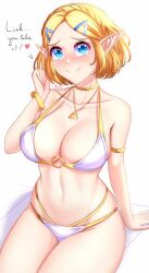 Rule 34 | 1girl, anisdrawn, arm support, armlet, bare arms, bare shoulders, bikini, blonde hair, blue eyes, blush, bracelet, breasts, collarbone, commentary, groin, hair ornament, hairclip, heart, highres, jewelry, large breasts, looking at viewer, navel, nintendo, nose blush, o-ring, o-ring bikini, pointy ears, princess zelda, short hair, simple background, sitting, smile, solo, stomach, swimsuit, the legend of zelda, the legend of zelda: tears of the kingdom, thighs, triforce, white background, white bikini
