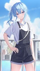Rule 34 | 1girl, absurdres, blue eyes, blue hair, highres, hololive, hoshimachi suisei, looking at viewer, norio (noriosub), outdoors, shirt, short sleeves, smile, solo, standing, virtual youtuber, white shirt