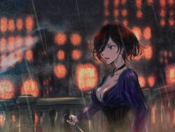 Rule 34 | 1girl, angry, blurry, blurry background, bodice, breasts, brown hair, cityscape, cleavage, cleavage cutout, clothing cutout, dress, earrings, eyelashes, glowing windows, highres, holding, holding knife, jewelry, knife, large breasts, long sleeves, medium breasts, meguruidea, necklace, night, octopath traveler, octopath traveler ii, purple dress, railing, rain, short hair, signature, sleeve cuffs, solo, throne anguis