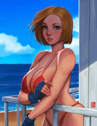 Rule 34 | 1girl, bare shoulders, beach, bikini, blonde hair, blue eyes, blue mary, breasts, cleavage, dappled sunlight, highres, large breasts, looking at viewer, navel, realistic, red bikini, self-upload, short hair, snk, solo, sunlight, swimsuit, the king of fighters, volt crocodile