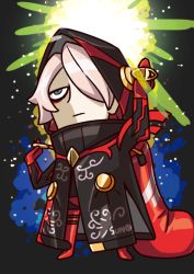 Rule 34 | 1boy, april fools, arm up, black coat, blue eyes, brass knuckles, chibi, coat, english text, fate/grand order, fate (series), gloves, hair over one eye, highres, holding, hood, hood up, karna (fate), karna (santa) (fate), long sleeves, official art, open clothes, open coat, red gloves, riyo (lyomsnpmp), sandbag, short hair, solo, weapon, white hair
