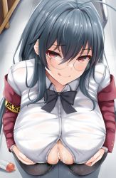 Rule 34 | 1girl, absurdres, armband, azur lane, black hair, breasts, closed mouth, cum, cum on body, cum on breasts, cum on upper body, from above, glasses, highres, licking lips, long hair, looking at viewer, naughty face, paizuri, penis, red eyes, renetan, shirt, smile, solo, taihou (azur lane), taihou (sweet time after school) (azur lane), tongue, tongue out, white shirt, yellow armband