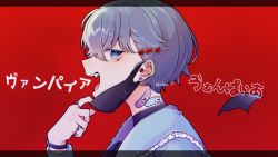 Rule 34 | 1boy, bandaid, bandaid on neck, bat wings, blue eyes, blue hair, blue shirt, colon (stpri), ear piercing, facing to the side, fang, hodaka sio, jewelry, long sleeves, looking at viewer, male focus, mask, mouth mask, nail polish, open mouth, piercing, red background, ring, shirt, short hair, solo, strawberry prince, translation request, vampire, vampire (vocaloid), vocaloid, wings