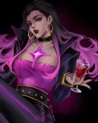 Rule 34 | 1girl, artist name, black collar, black hair, black jacket, black pants, breasts, chinese commentary, collar, collarbone, cup, dark-skinned female, dark skin, earrings, gradient hair, high-waist pants, highres, holding, holding cup, jacket, jewelry, medium breasts, multicolored hair, pants, parted lips, purple eyes, purple hair, purple shirt, red lips, reyna (valorant), shirt, solo, strapless, strapless shirt, valorant, wan wan