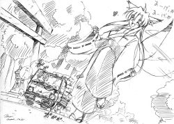 Rule 34 | animal ears, blush, fang, fox ears, fox tail, giant, giantess, heart, japanese clothes, kemo, male focus, miko, monochrome, motor vehicle, one eye closed, smile, tail, temple, van, vehicle, walking, wink