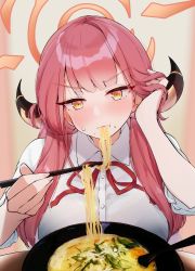 Rule 34 | 1girl, aru (blue archive), blue archive, blush, bow, breasts, chopsticks, eating, food, halo, hato haru, highres, horns, long hair, mole, mole under mouth, noodles, pink hair, ramen, solo, spoon, sweatdrop, yellow eyes