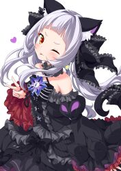 Rule 34 | 1girl, ;p, absurdres, animal ear fluff, animal ears, bare shoulders, black bow, black sleeves, blush, bow, breasts, brown eyes, cat ears, cat girl, cat tail, commentary request, detached sleeves, forehead, frilled bow, frills, grey hair, hair bow, heart, highres, hololive, juliet sleeves, long hair, long sleeves, looking at viewer, murasaki shion, murasaki shion (gothic lolita), one eye closed, puffy sleeves, simple background, sleeves past wrists, small breasts, solo, star (symbol), tail, tongue, tongue out, ugume, v-shaped eyebrows, very long hair, virtual youtuber, white background, wide sleeves