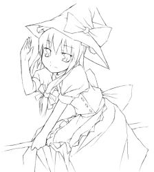 Rule 34 | 1girl, apron, bow, broom, broom riding, dress, female focus, greyscale, hat, hat bow, holding, kirisame marisa, monochrome, nu (plastic eraser), puffy short sleeves, puffy sleeves, salute, short sleeves, simple background, sitting, solo, touhou, waist apron, white background, witch hat